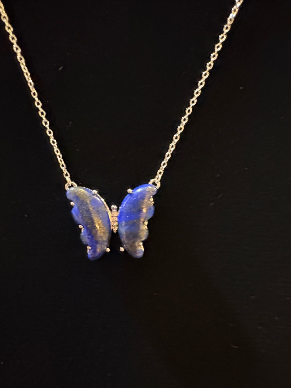 Sterling Silver  Butterfly Pendant Necklace with Blue Lapis stones.